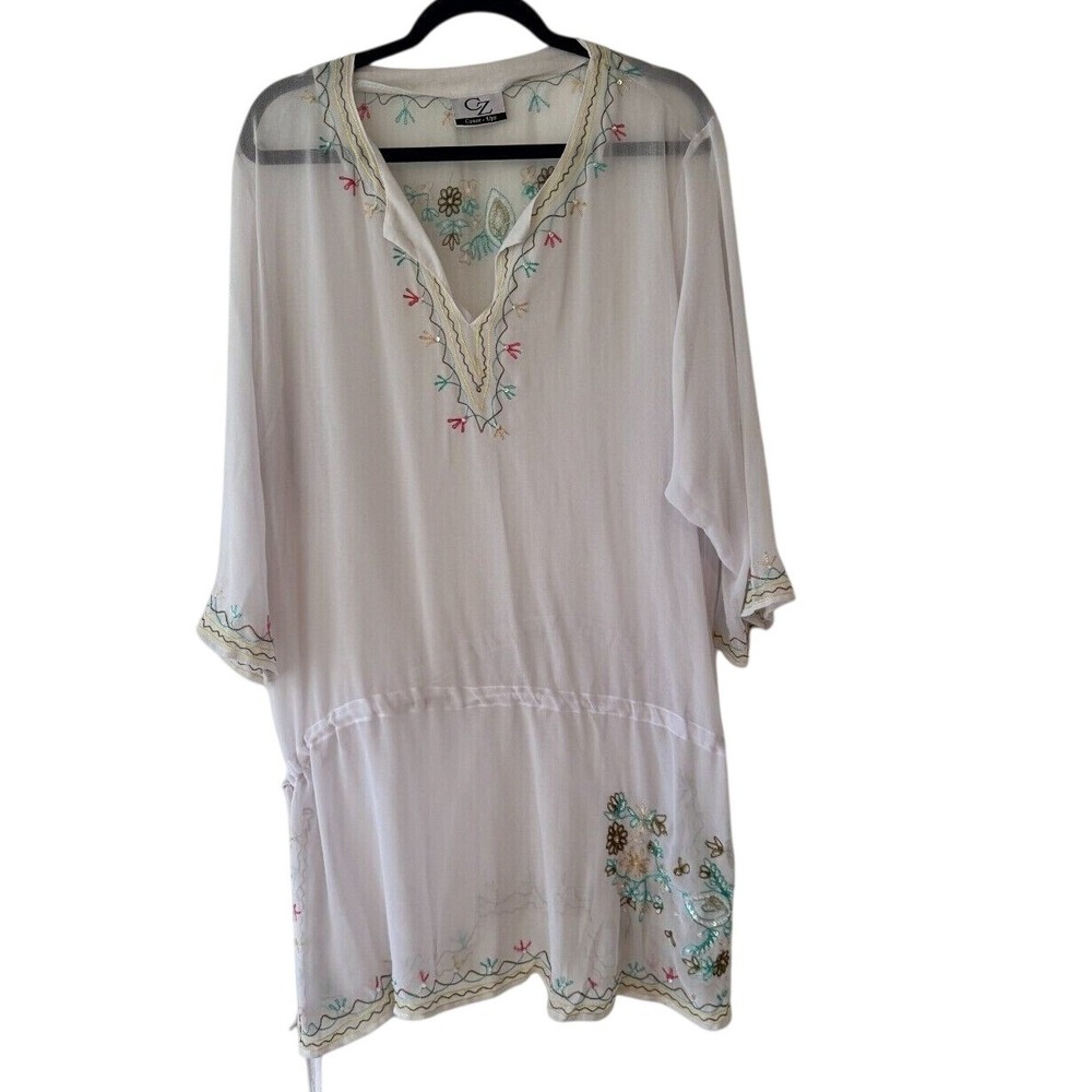 CZ Cover-Ups White Embroidered Sequin V-Neck Sheer Tunic Beach Cover-Up Boho‎